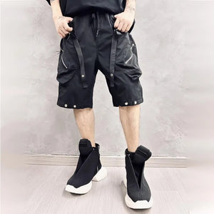 Patchwork Black Cargo Shorts in black — dark techwear streetwear, view 3 of 7