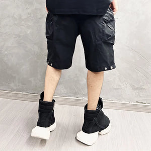 Patchwork Black Cargo Shorts in black — dark techwear streetwear, view 4 of 7