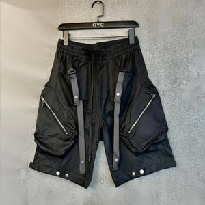 Patchwork Black Cargo Shorts in black — dark techwear streetwear, view 5 of 7