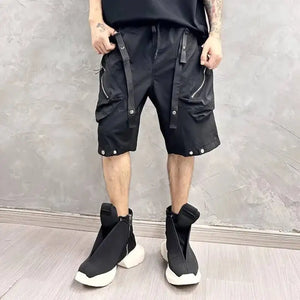 Patchwork Black Cargo Shorts in black — dark techwear streetwear, view 7 of 7