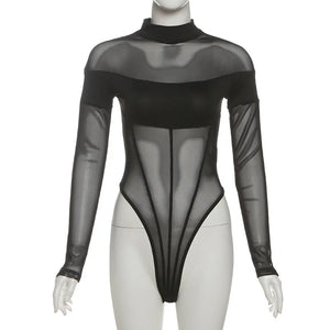 Patchwork Mesh Sheer Bodysuit — women's sheer patchwork mesh bodysuit with cut-out panels