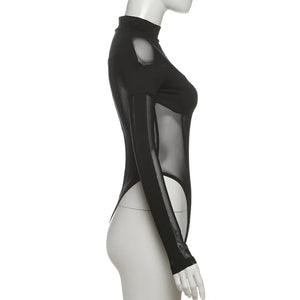 Patchwork Mesh Sheer Bodysuit — women's sheer patchwork mesh bodysuit with cut-out panels