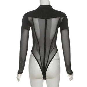 Patchwork Mesh Sheer Bodysuit — women's sheer patchwork mesh bodysuit with cut-out panels
