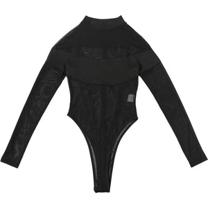 Patchwork Mesh Sheer Bodysuit — women's sheer patchwork mesh bodysuit with cut-out panels