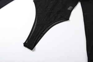 Patchwork Mesh Sheer Bodysuit — women's sheer patchwork mesh bodysuit with cut-out panels
