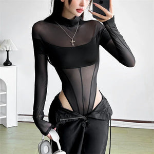 Patchwork Mesh Sheer Bodysuit — women's sheer patchwork mesh bodysuit with cut-out panels