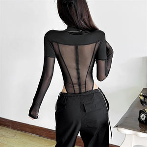 Patchwork Mesh Sheer Bodysuit — women's sheer patchwork mesh bodysuit with cut-out panels