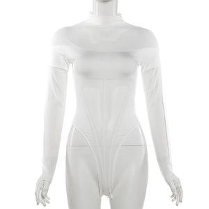 Patchwork Mesh Sheer Bodysuit — women's sheer patchwork mesh bodysuit with cut-out panels