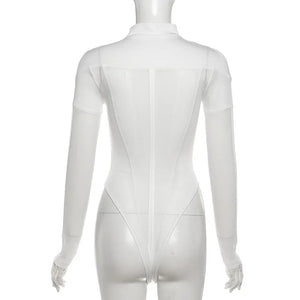 Patchwork Mesh Sheer Bodysuit — women's sheer patchwork mesh bodysuit with cut-out panels