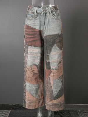 Patchwork Print Jeans Women's Y2K