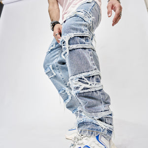 Patchwork Straight Y2K Jeans in light blue worn by a model, front view, layered frayed denim patches on both legs