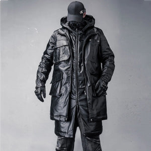 Black patchwork techwear parka coat in a long cut