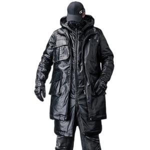 Black patchwork techwear parka coat in a long cut