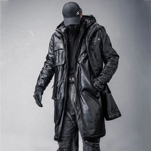 Black patchwork techwear parka coat in a long cut