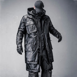 Black patchwork techwear parka coat in a long cut