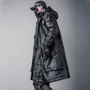 Black patchwork techwear parka coat in a long cut