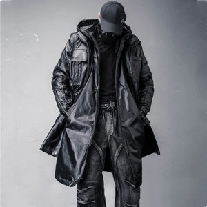 Black patchwork techwear parka coat in a long cut