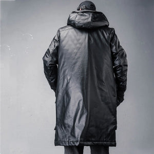 Black patchwork techwear parka coat in a long cut