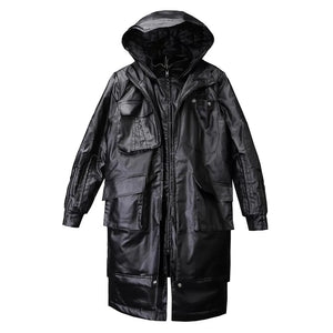 Black patchwork techwear parka coat in a long cut