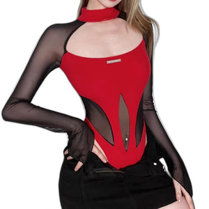 Patchwork Y2k Cut Out Bodysuit - product view on white background