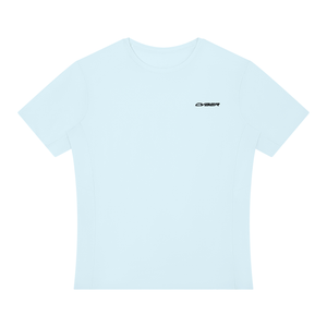 Light Blue Perforated Back Athletic T Shirt laid flat, front view with small black chest wordmark