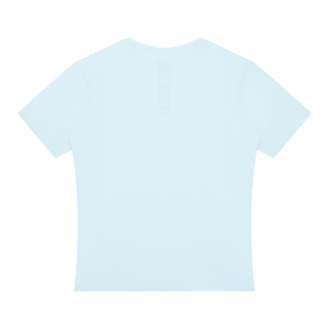 Light Blue workout tee laid flat from the back, perforated arrow panel below the collar