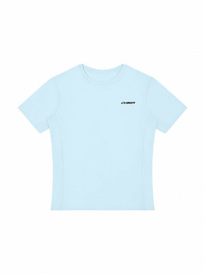 Light Blue workout tee laid flat in a second front view, crew neck and short set-in sleeves