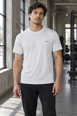 Light Gray perforated back workout tee worn front view in a gym, close fit and short sleeves