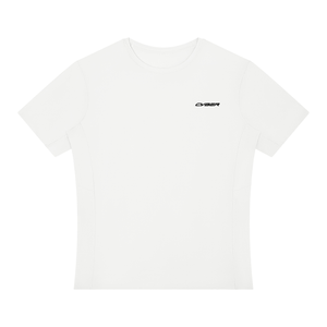 White Perforated Back Athletic T Shirt laid flat, front view with crew neck and black chest wordmark