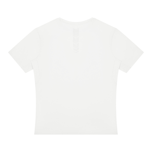 White workout tee laid flat from the back, perforated arrow panel running down the upper back