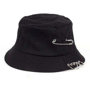 Black bucket hat with a safety pin and metal rings through the brim