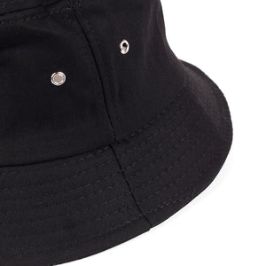 Black bucket hat with a safety pin and metal rings through the brim