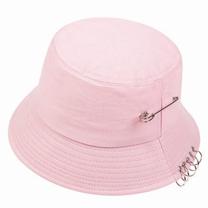 Black bucket hat with a safety pin and metal rings through the brim
