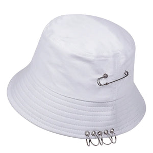 Black bucket hat with a safety pin and metal rings through the brim