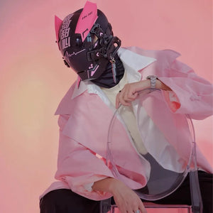 Pink and black cyberpunk mask with calligraphy and a heartbeat line