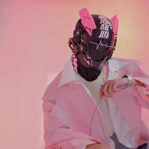 Pink and black cyberpunk mask with calligraphy and a heartbeat line