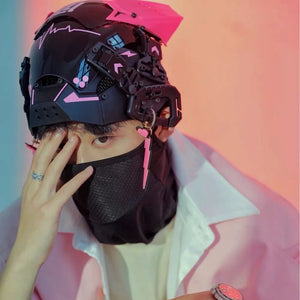 Pink and black cyberpunk mask with calligraphy and a heartbeat line