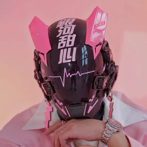 Pink and black cyberpunk mask with calligraphy and a heartbeat line
