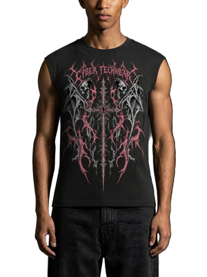 A model wears the black tank, a winged gothic emblem printed in pink and grey across the chest