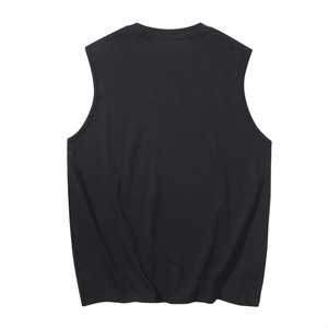 Back of the black tank laid flat, unprinted, showing the wide armholes and straight hem