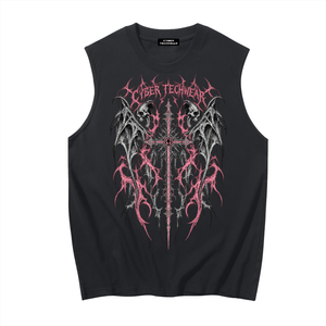 The tank laid flat from the front, the pink emblem filling the chest below a small wordmark