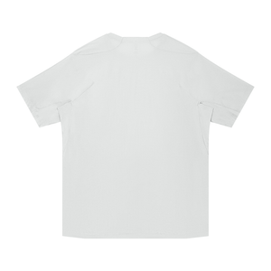 Light Gray piped seam t-shirt laid flat from the back, clean back panel and straight hem