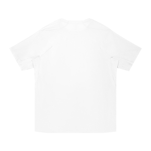 White workout t-shirt laid flat from the back, plain back with shoulder seams and straight hem