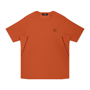Orange Piped Seam Athletic T Shirt laid flat, front view with black piping lines and chest logo