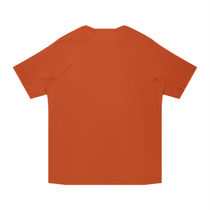 Orange workout t-shirt laid flat from the back, plain back panel and short set-in sleeves