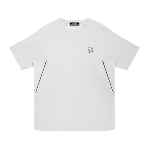 Light Gray workout t-shirt laid flat, front view with black piping down the sides and small logo