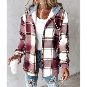 Brick Red Plaid hooded shacket in burgundy and pink checks, front view worn open over a white top