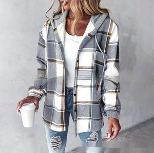 Light Gray plaid hooded jacket with white and caramel lines, front view, worn loose over jeans
