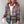 Rainbow Stripe hooded jacket with multicoloured knit stripes and burgundy cuffs, front view over a white top