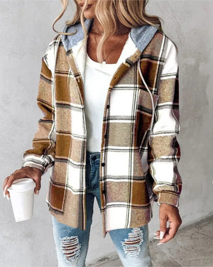 Caramel Plaid Hooded Y2K Jacket worn open over a white tank top, front view holding a coffee cup